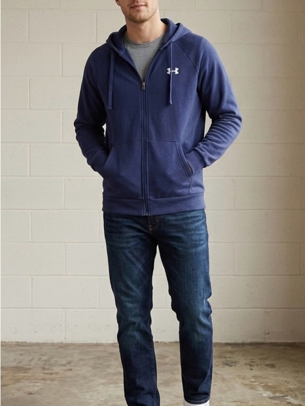 Under Armour Navy Blue Full Zip Hoodie Sweatshirt M Logo Pocket Casual Athletic